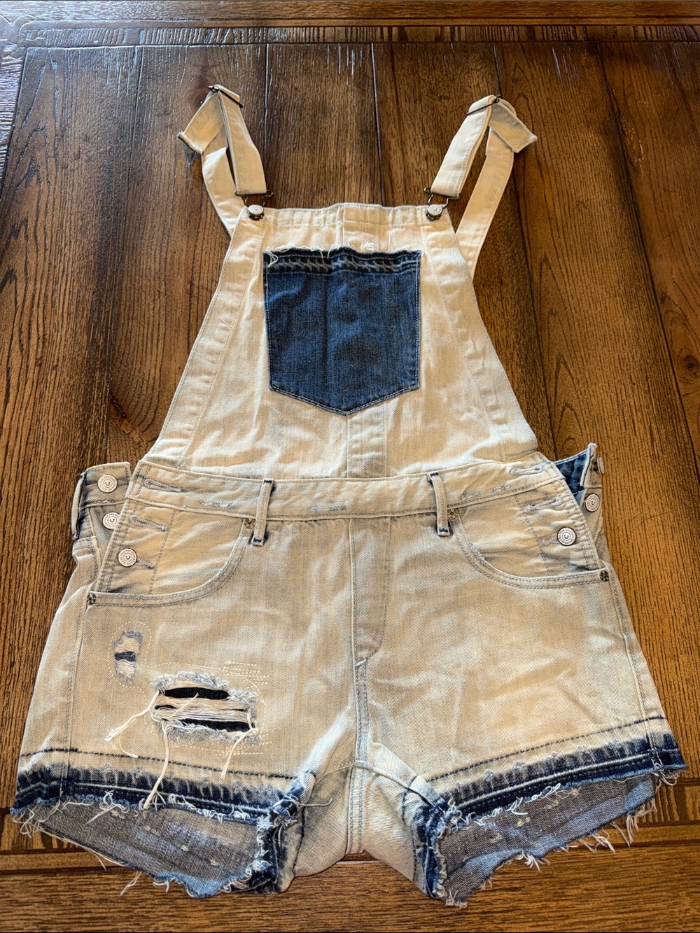 True Religion Two-Tone White Beige and Dark Blue Denim Short Overalls